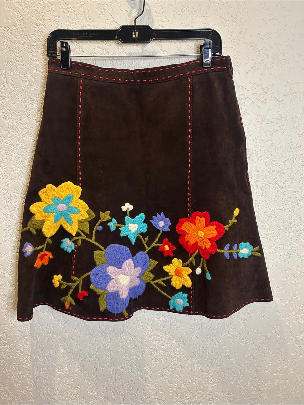 Moschino Brown Suede A-Line Skirt with Multicolor Floral Embroidery